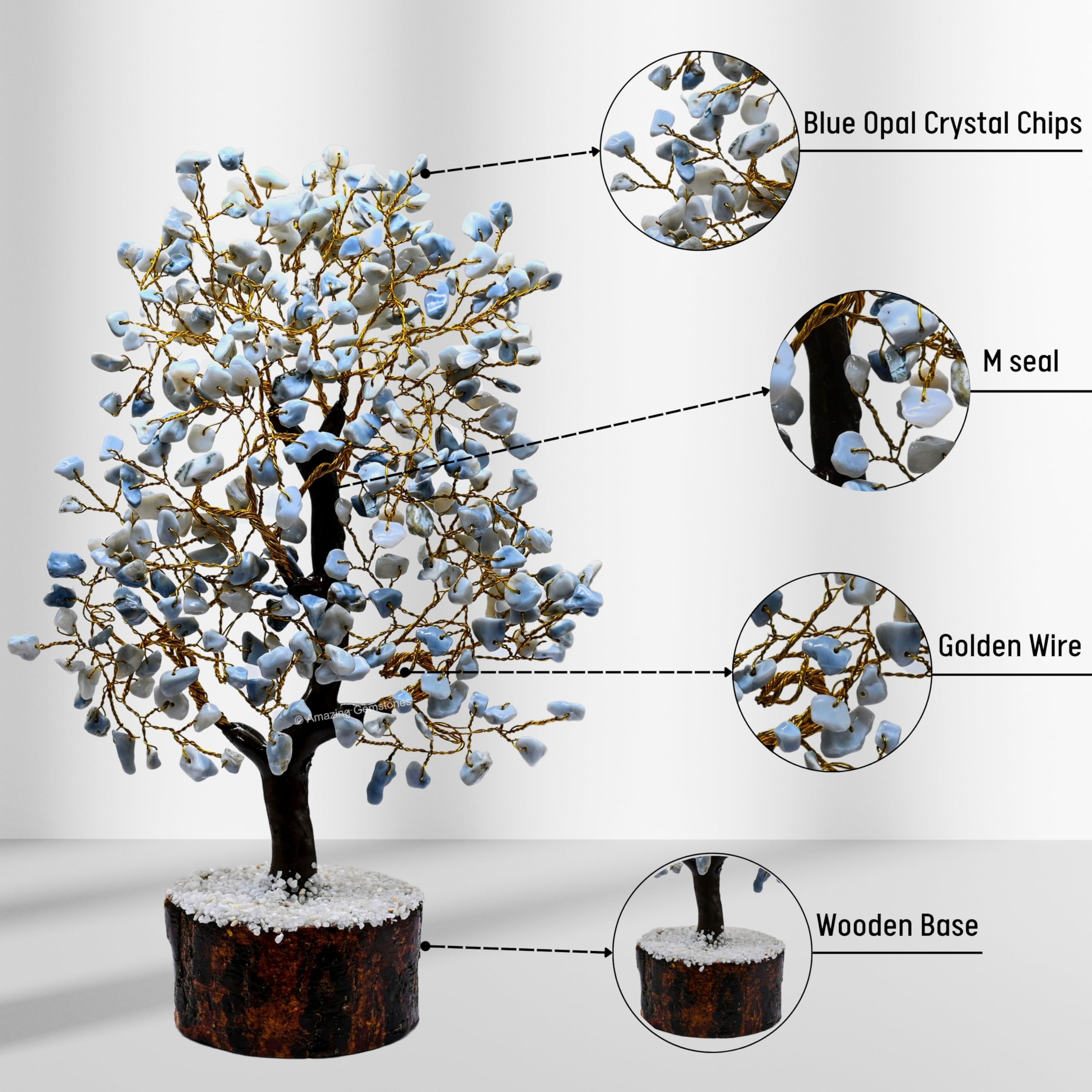 Amazing Gemstone Blue Opal Crystal Tree of Life glows softly when lit on a shelf.
