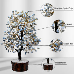 Amazing Gemstone Blue Opal Crystal Tree of Life glows softly when lit on a shelf.