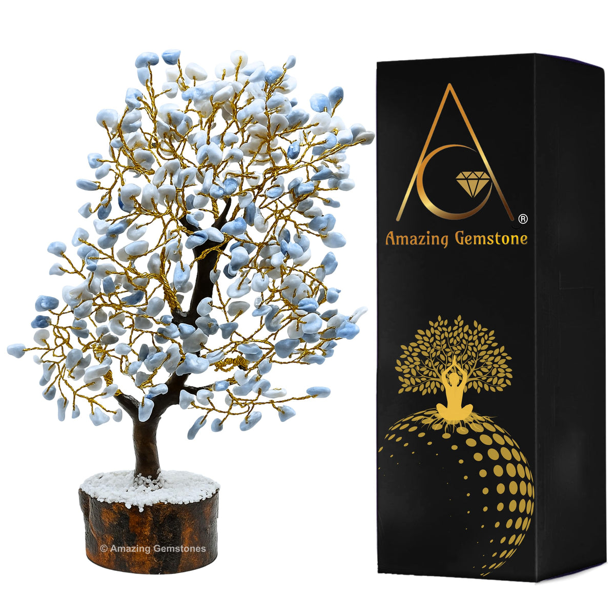 Amazing Gemstone Blue Opal Crystal Tree of Life adds calming ambiance to a serene bedroom.