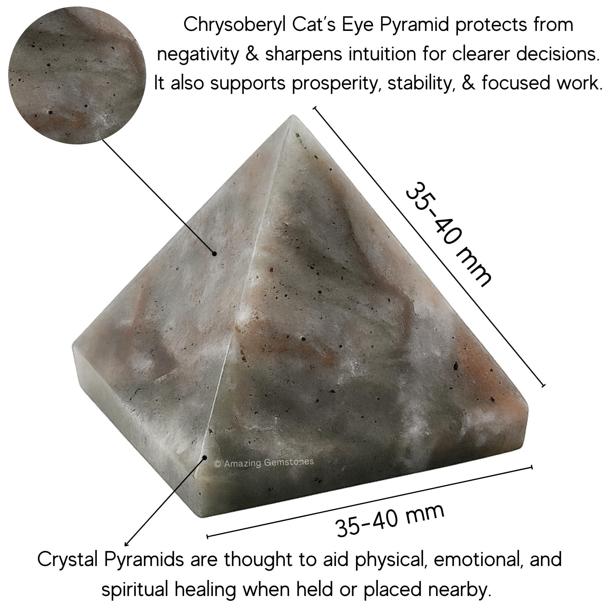Amazing Gemstone Chrysoberyl Cats Eye Pyramid held in hand for portable energy alignment.