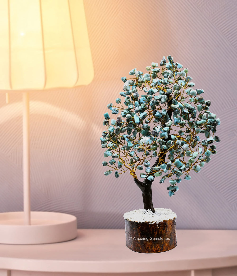 Amazing Gemstone Crystal Tree closeup showcases Larimar blue hues and facets.
