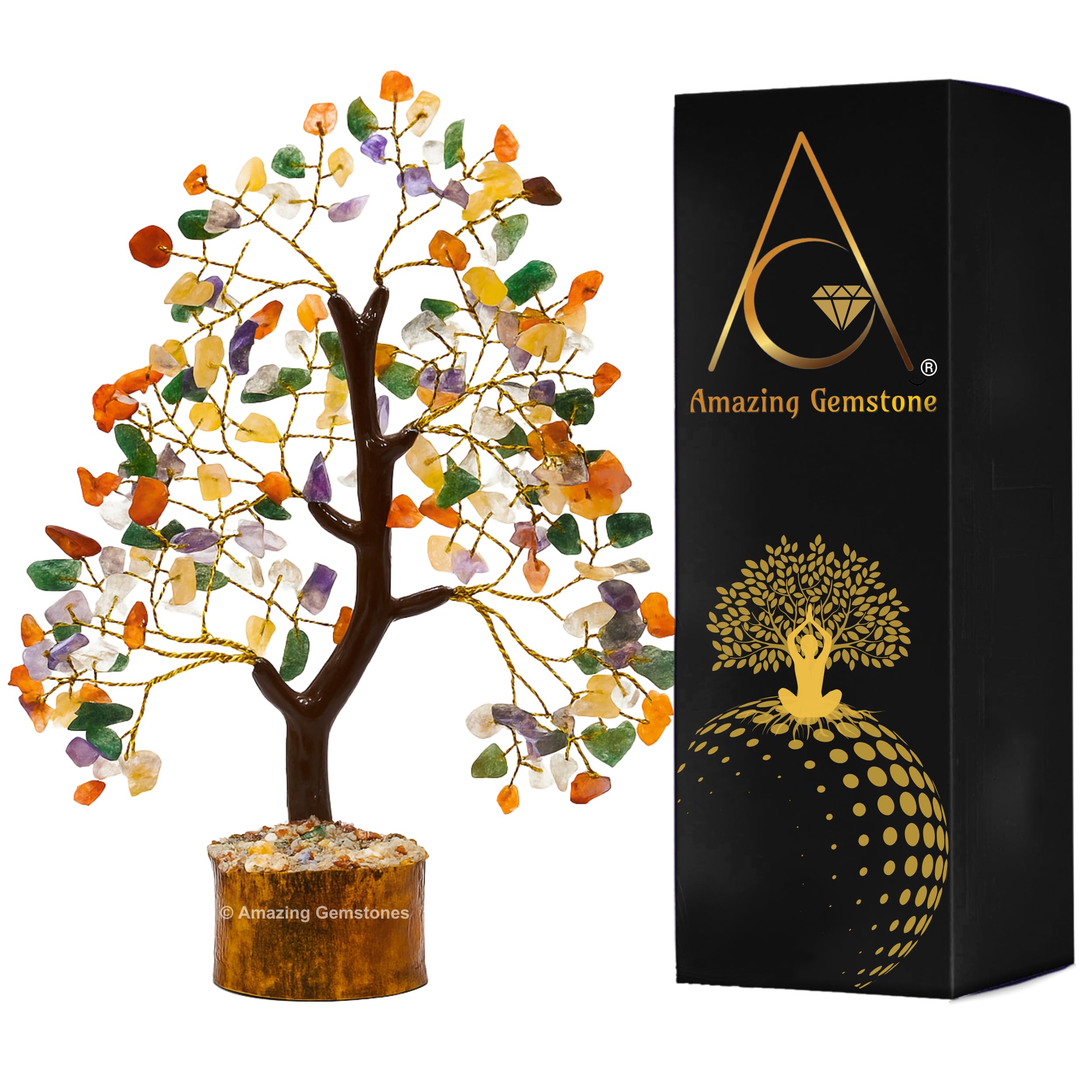Amazing Gemstone Crystal Tree multi-chakra display calms the room.