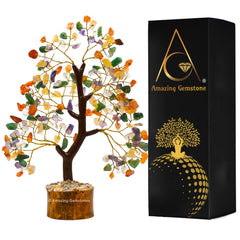 Amazing Gemstone Crystal Tree multi-chakra display calms the room.