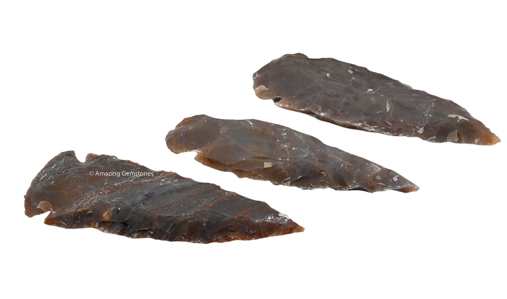 Three piece set of Amazing Gemstone Fancy Jasper arrowheads in velvet bag
