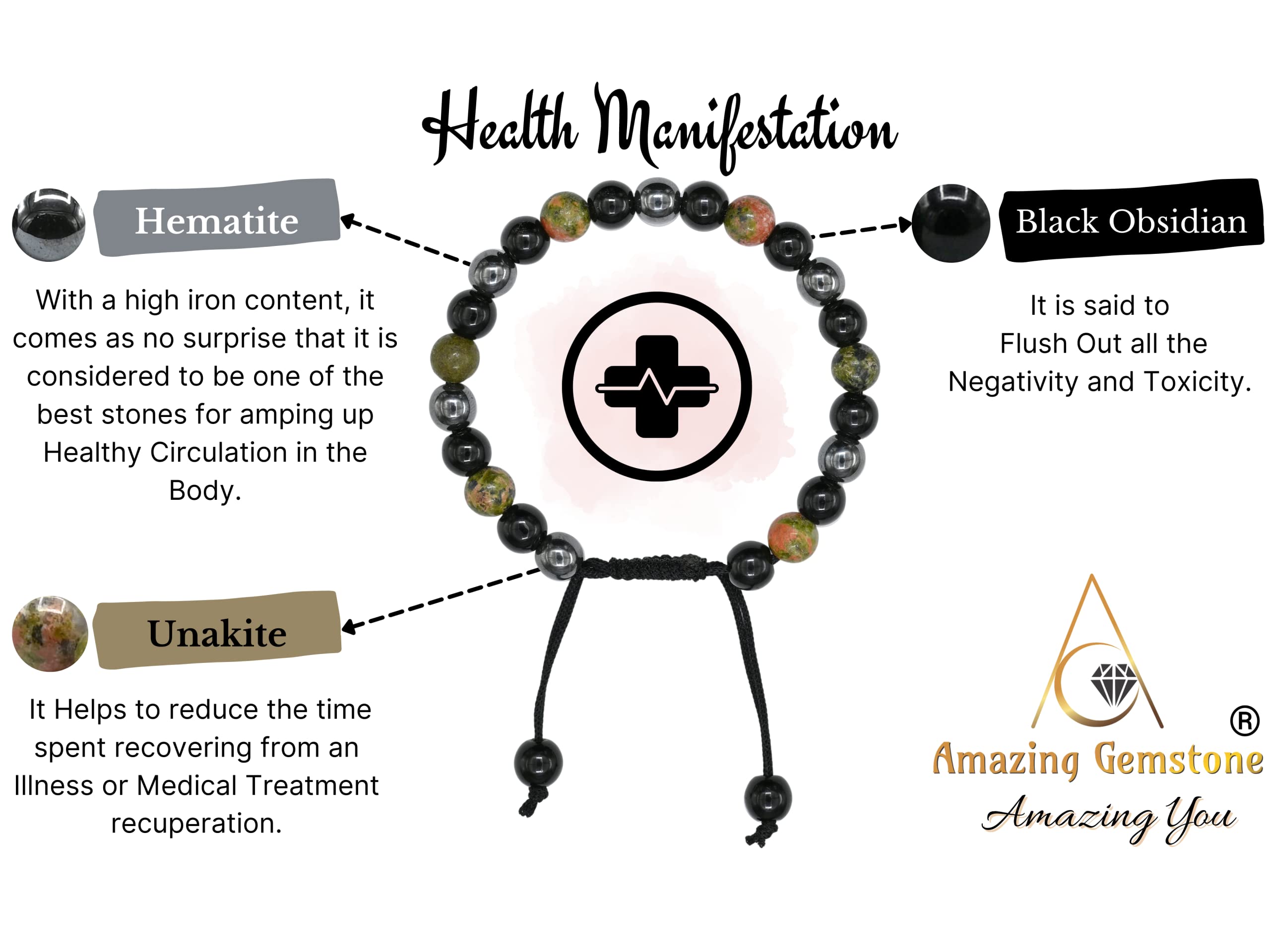 Amazing Gemstone Health Bracelet hematite beads close-up for calming energy