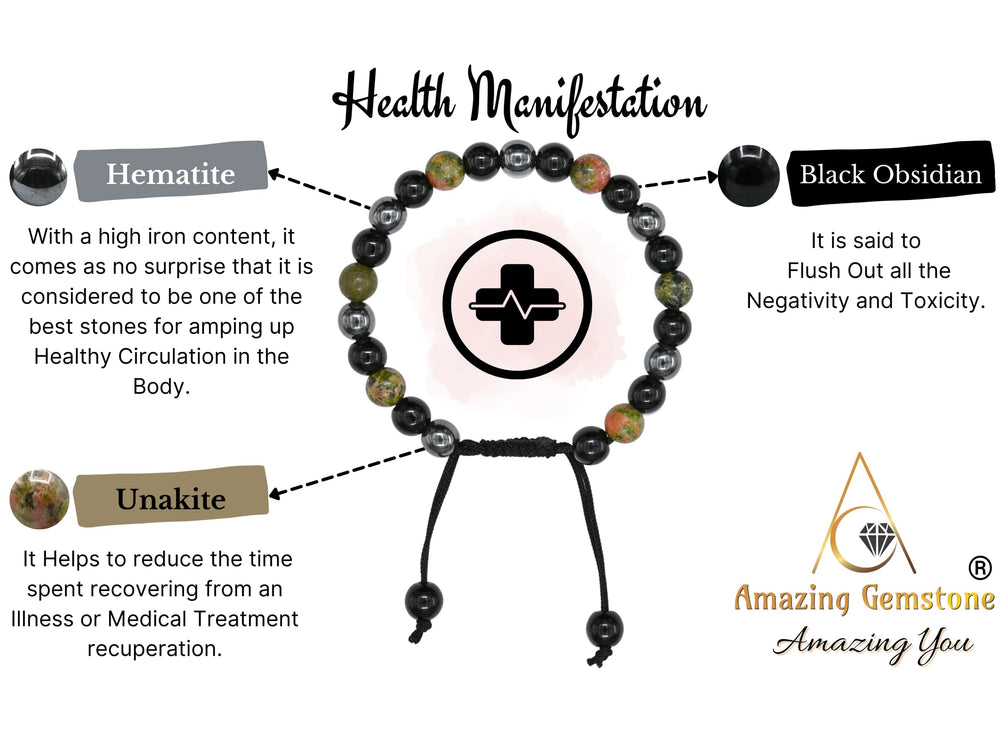 Amazing Gemstone Health Bracelet hematite beads close-up for calming energy