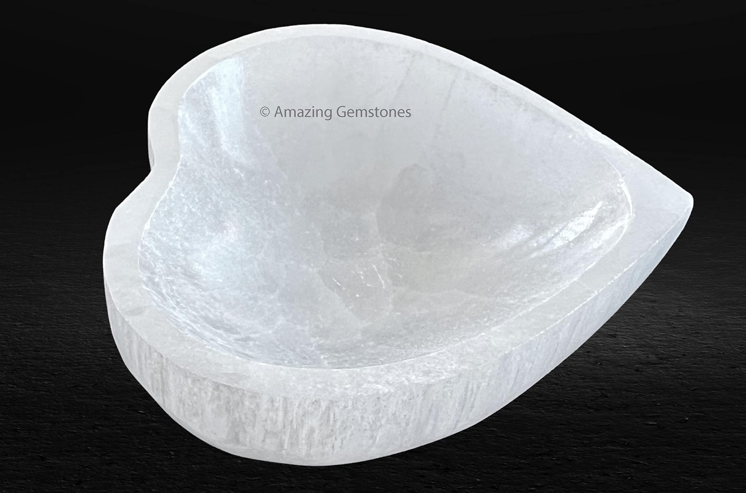 Amazing Gemstone Heart Selenite Bowl shown at 4-inch size
