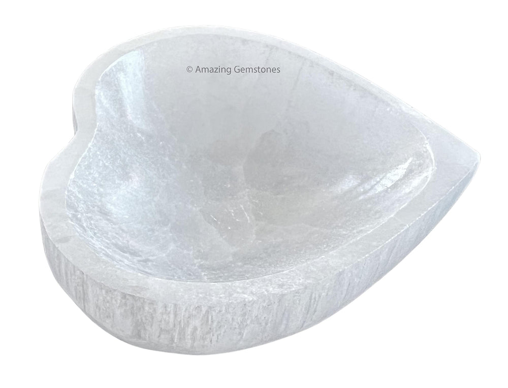 Amazing Gemstone Heart Selenite Bowl, heart-shape closeup for crystal cleansing