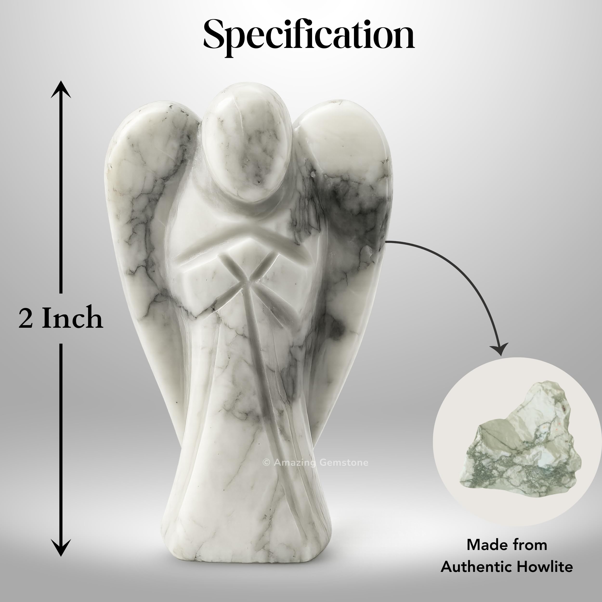 Amazing Gemstone Howlite Angel hand-held statue showing size and craftsmanship.