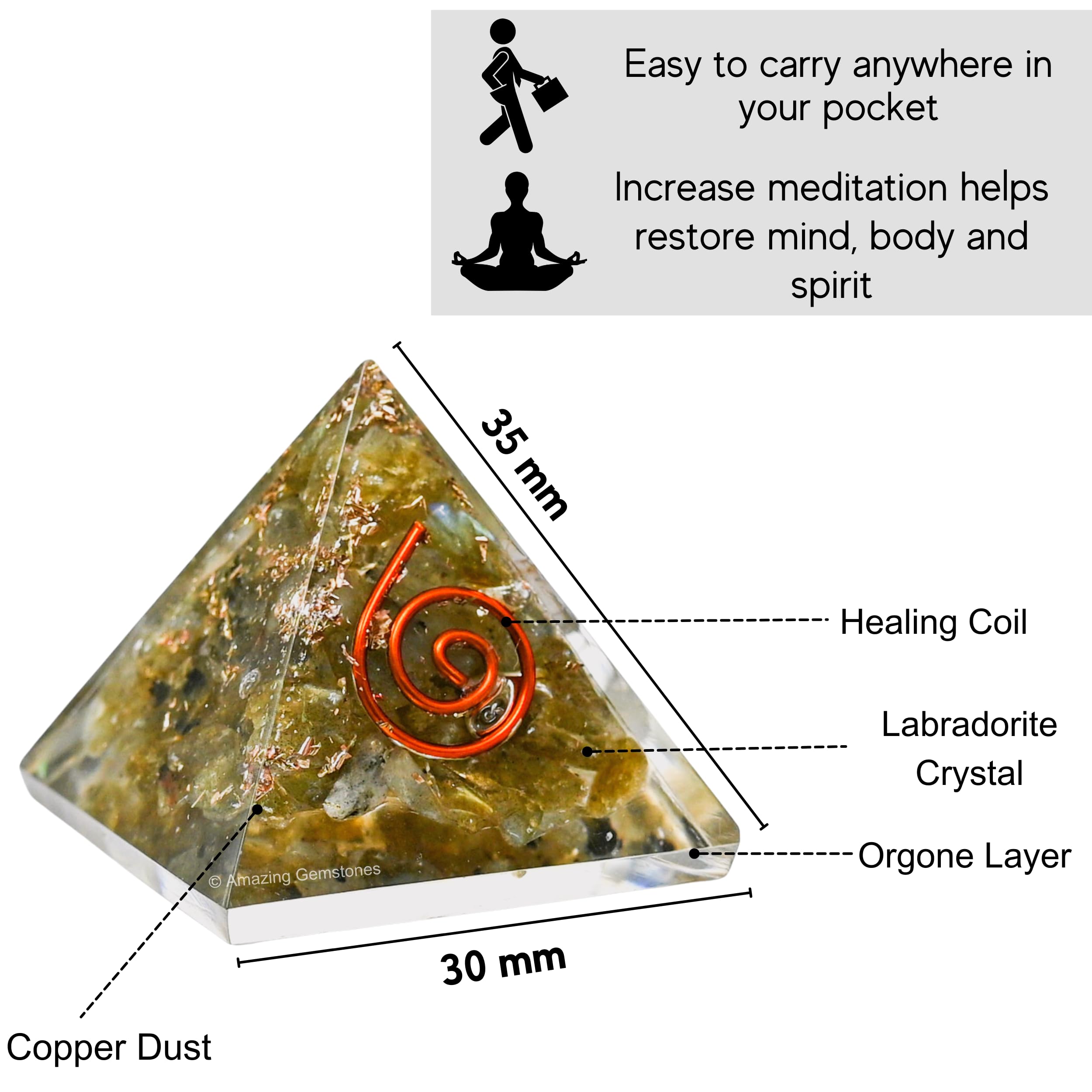 Amazing Gemstone Labradorite pyramid displayed on altar for decorative healing vibes.