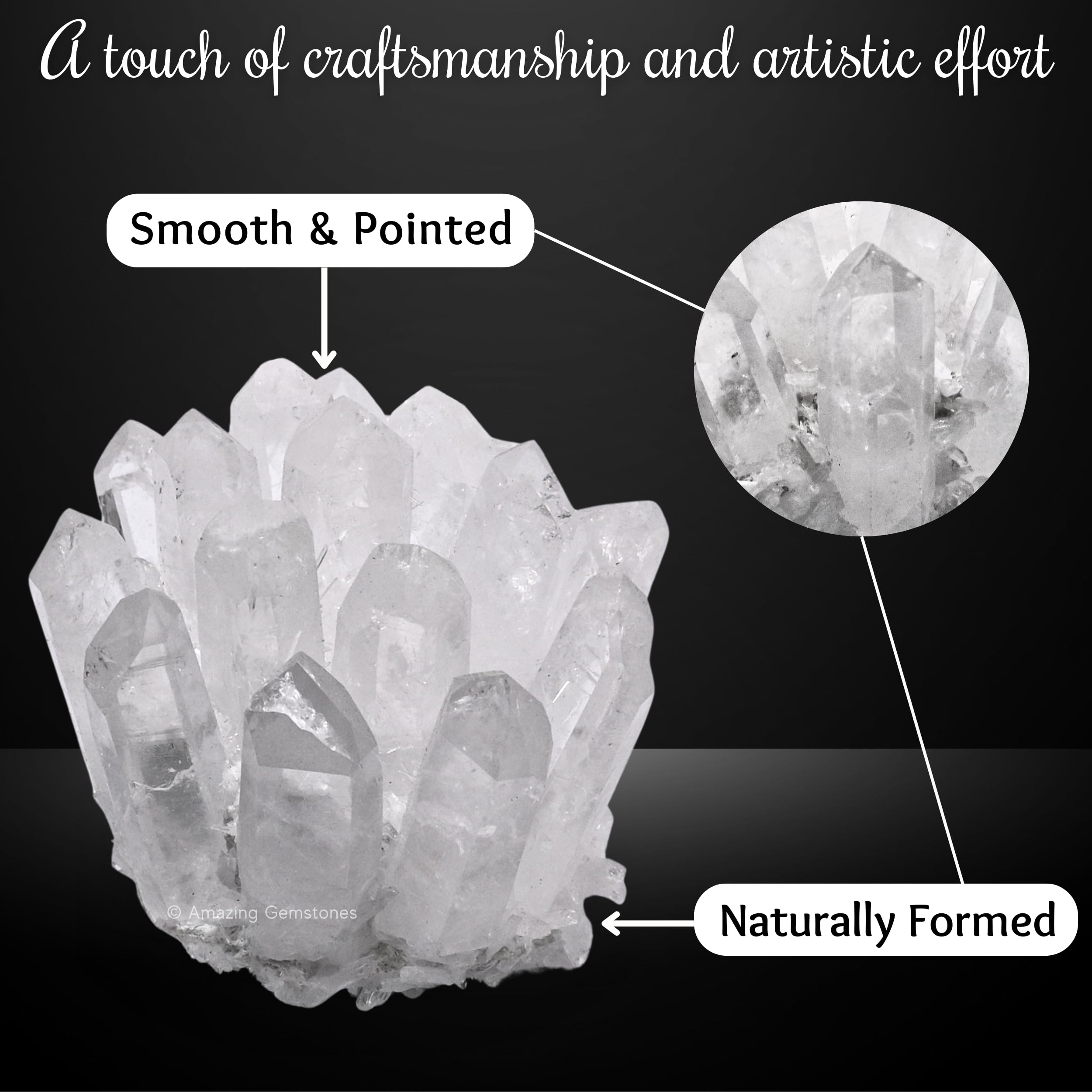 Clear quartz points reflecting light, enhancing shelf display.
