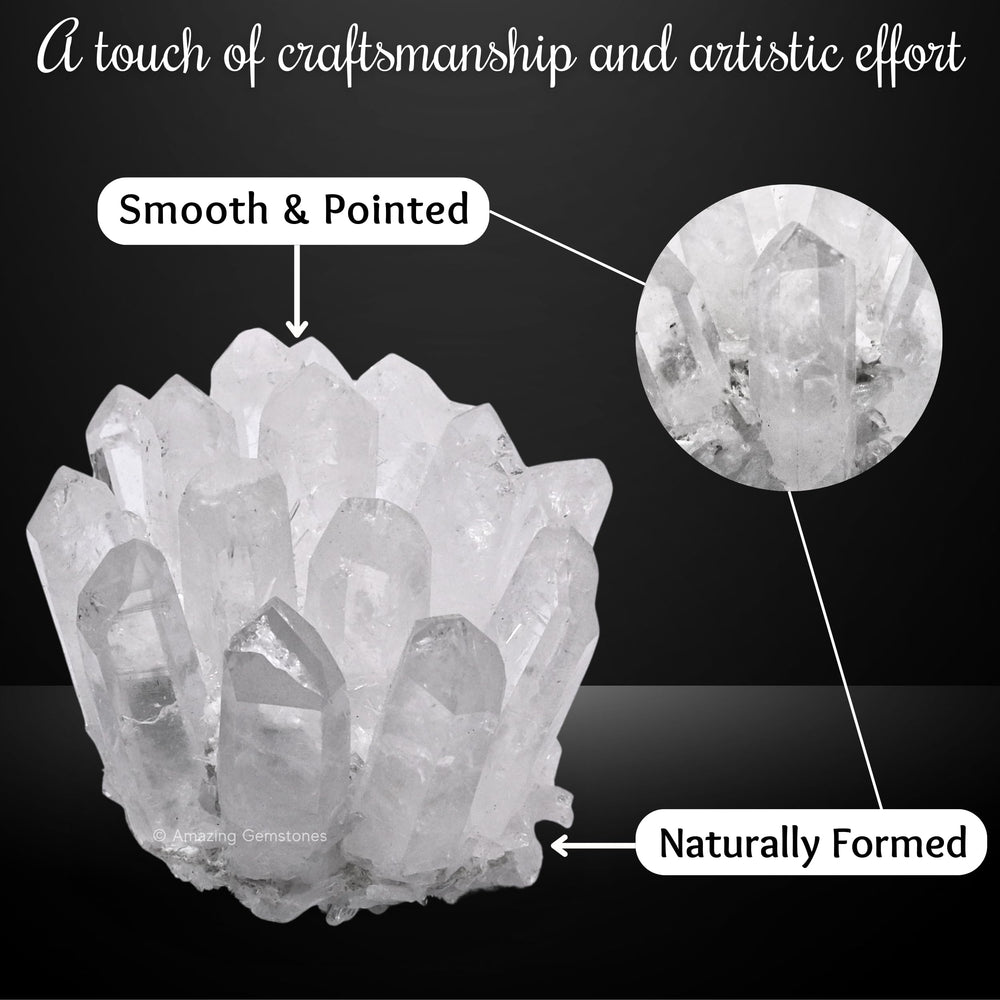 Clear quartz points reflecting light, enhancing shelf display.