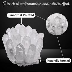 Clear quartz points reflecting light, enhancing shelf display.