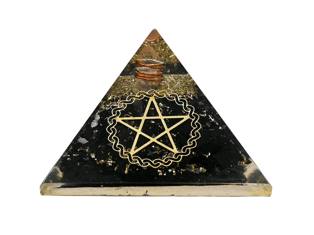 Amazing Gemstone Large Orgone Pyramid packaging shows velvet pouch and gift box.