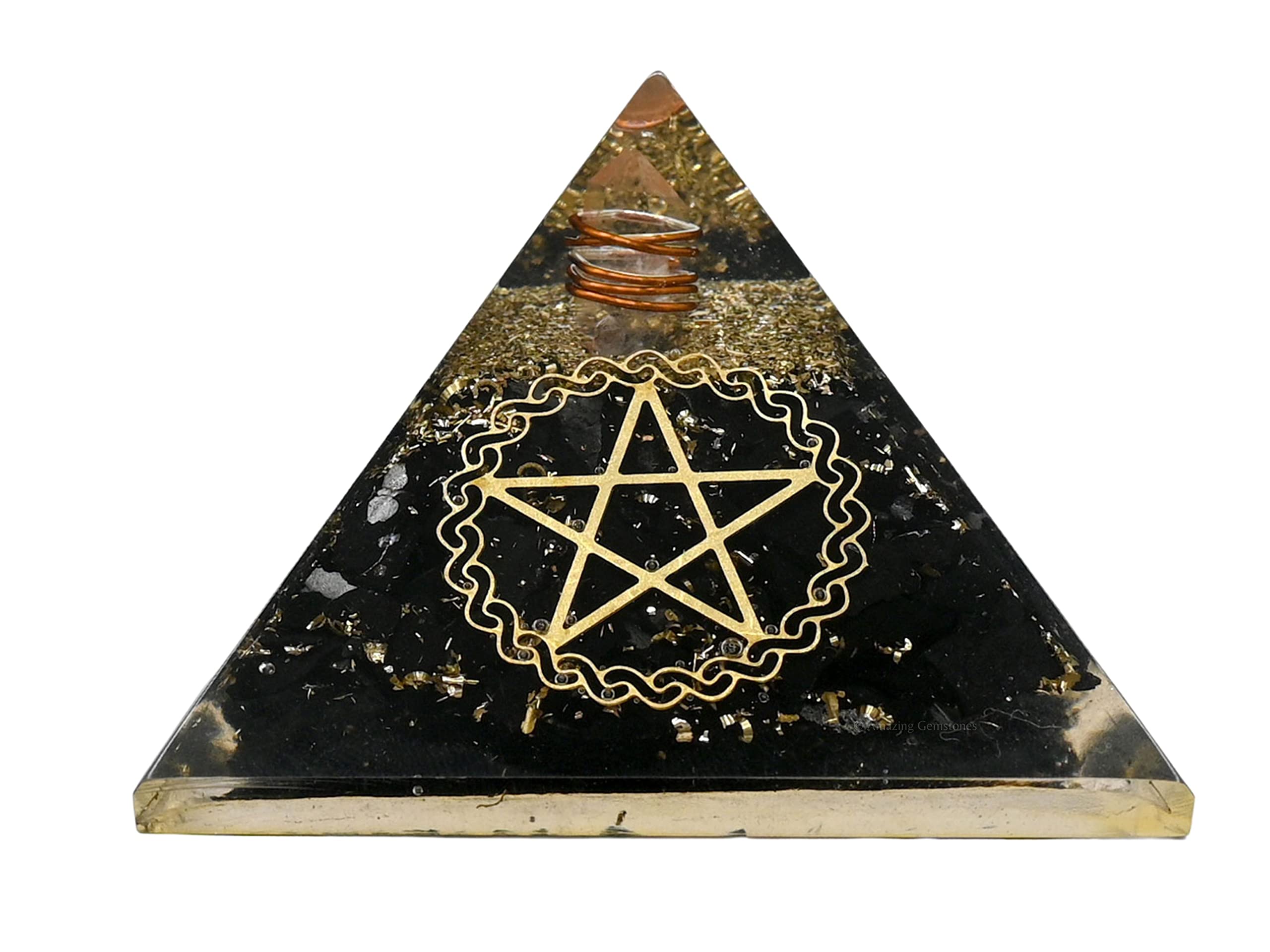 Amazing Gemstone Large Orgone Pyramid front view highlights shungite energy for spaces.