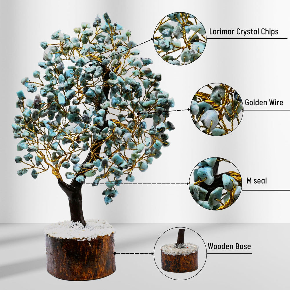 Amazing Gemstone Larimar Bonsai detail highlights polished crystals for calm ambience.