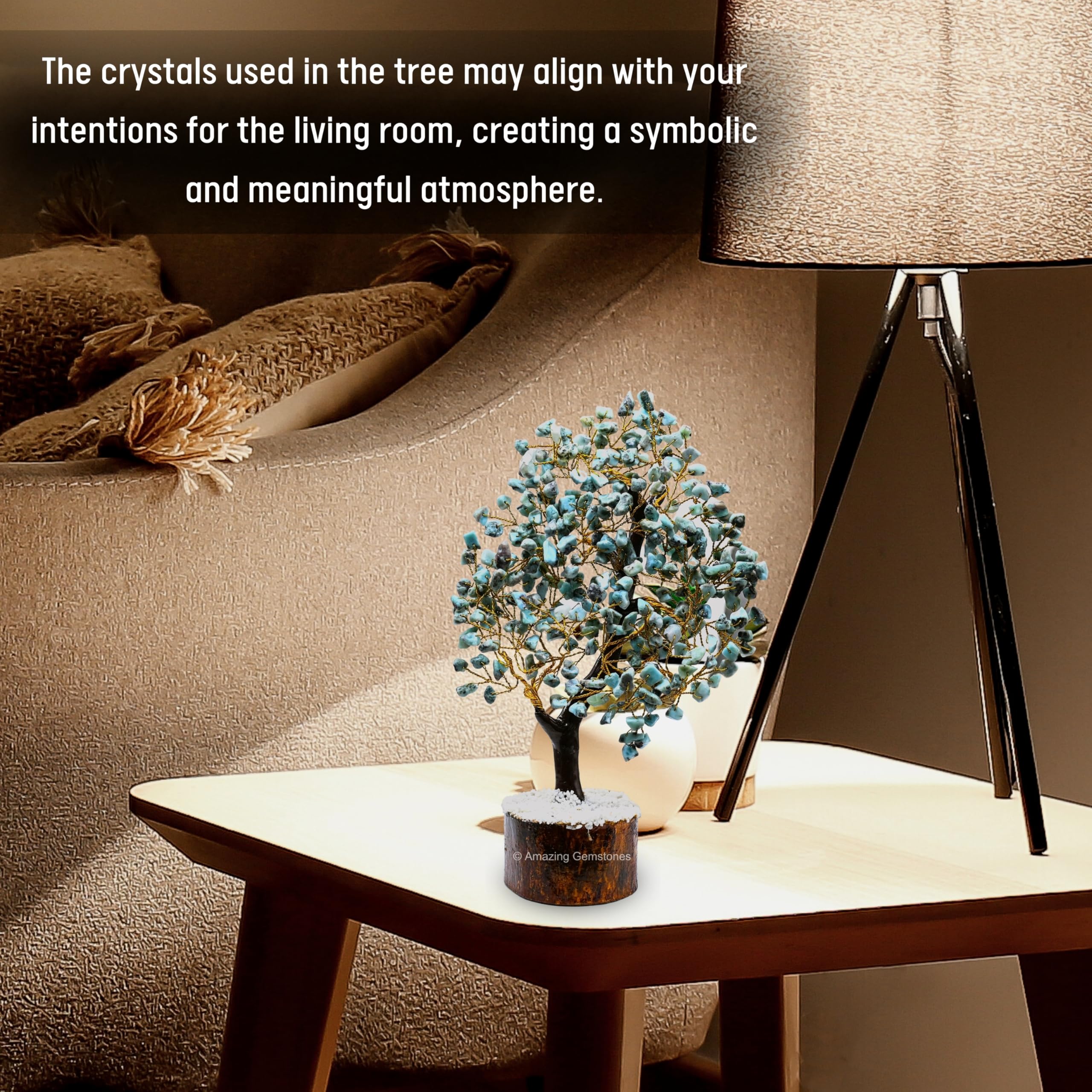 Amazing Gemstone Larimar Tree on a shelf brings soothing energy to your home.