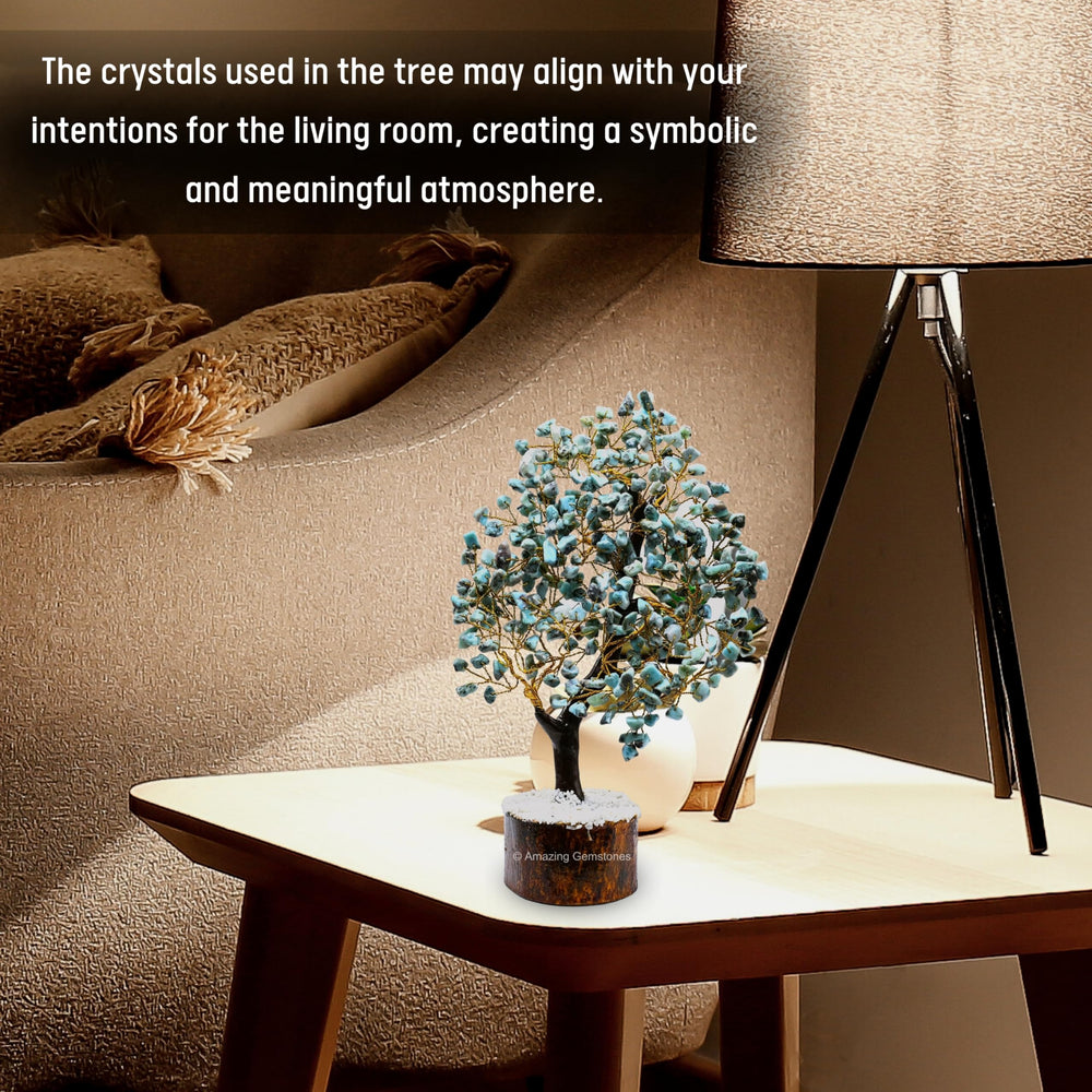 Amazing Gemstone Larimar Tree on a shelf brings soothing energy to your home.