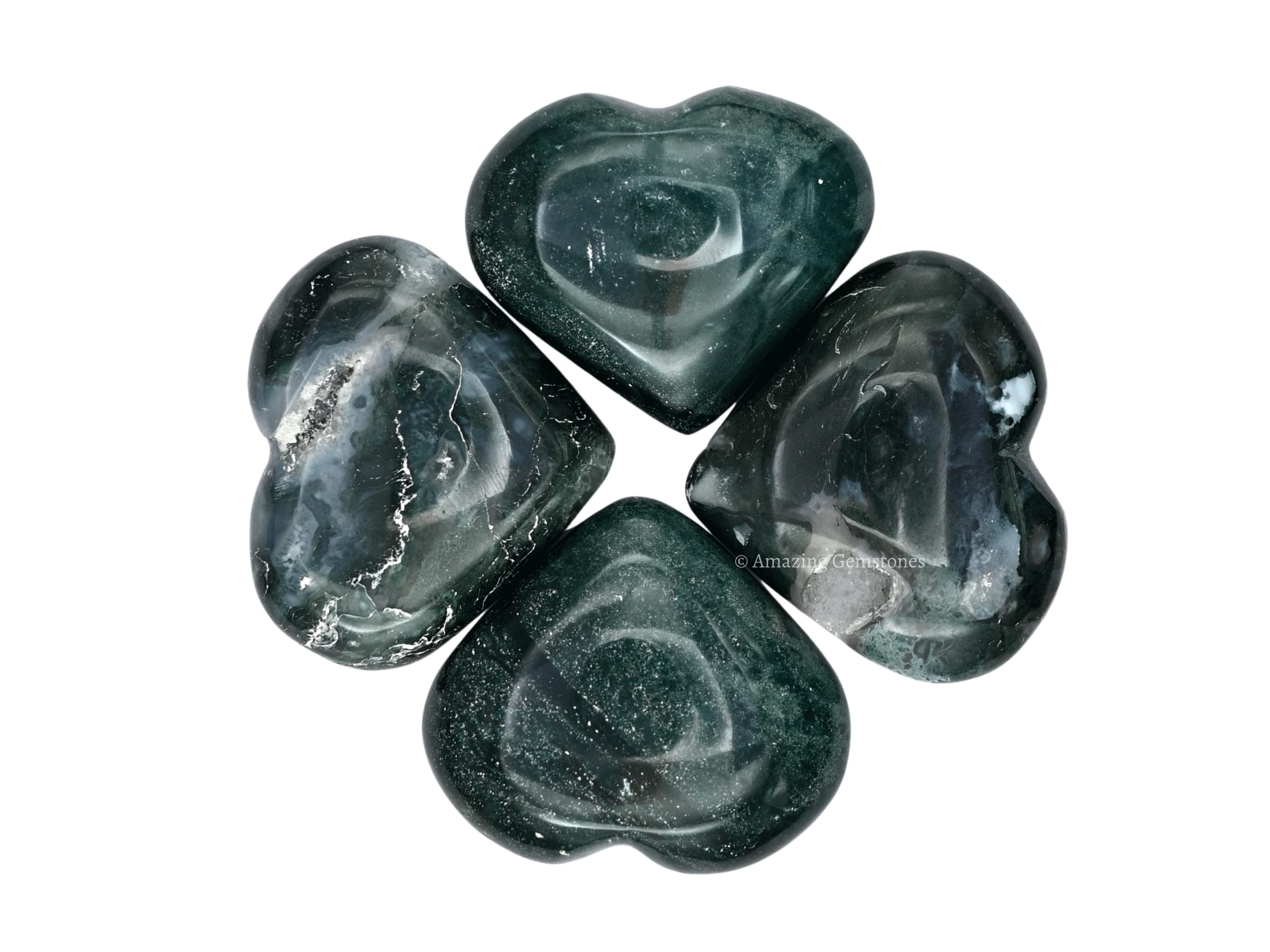 Amazing Gemstone Moss Agate Heart Palm Stone used on body parts for gentle massage