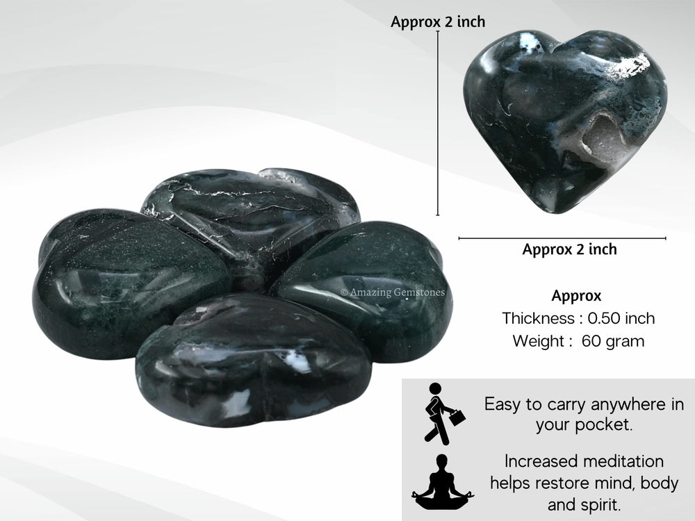 Amazing Gemstone Moss Agate Heart Palm Stone held in hand during meditation