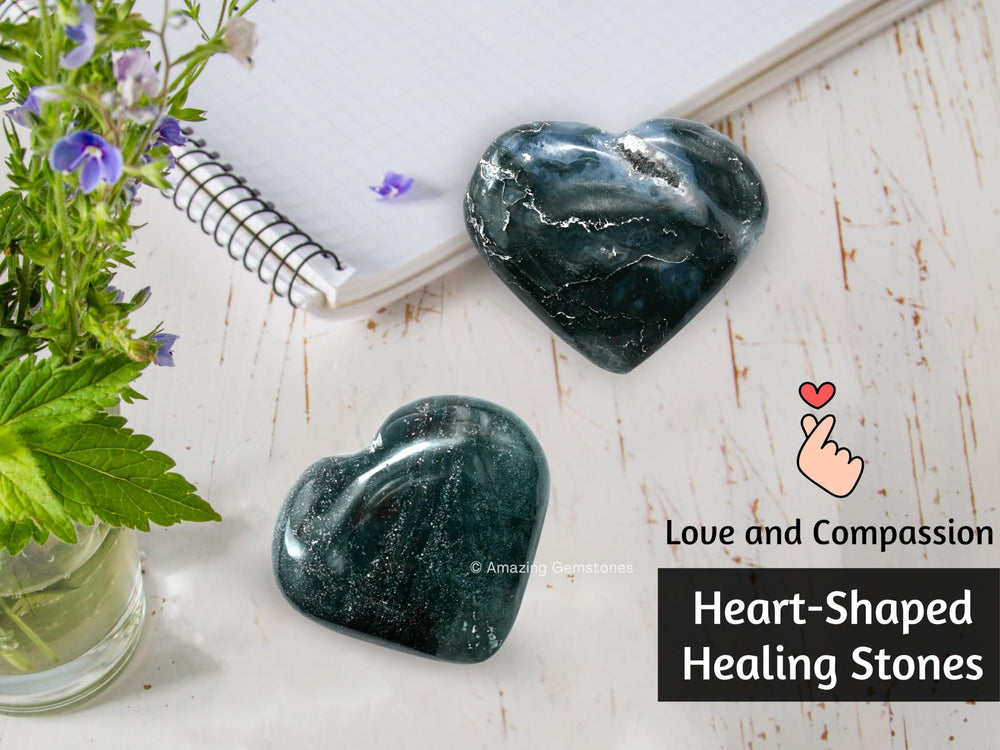 Amazing Gemstone Moss Agate Heart Palm Stone size 2x1.5x0.75 inches for pocket carry