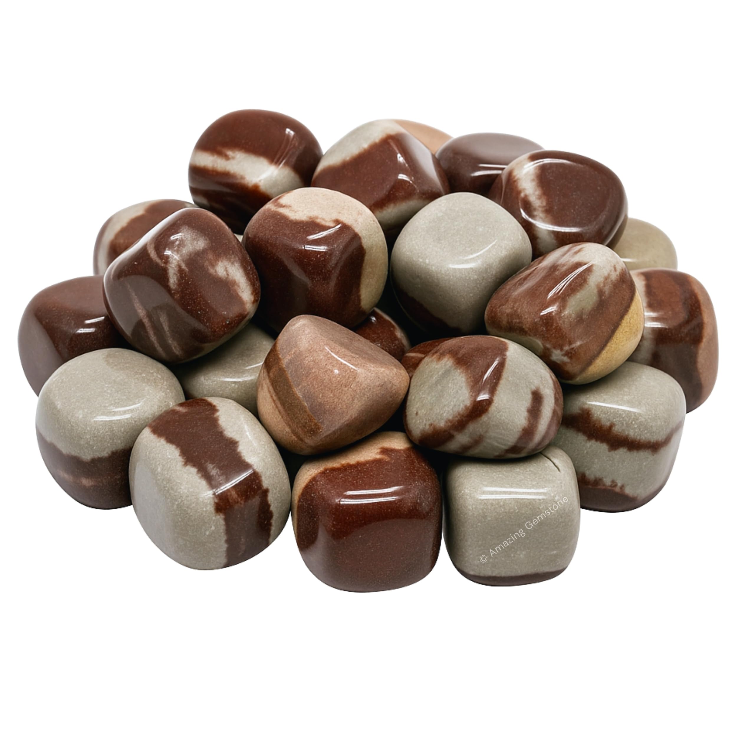 Amazing Gemstone tumbled Narmada Lingam stones with refined shimmer for display.