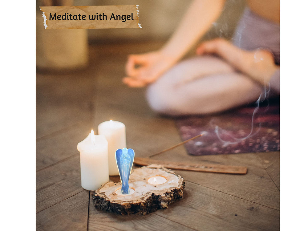 Amazing Gemstone Opalite angel display stand showcases its pocket-friendly design.