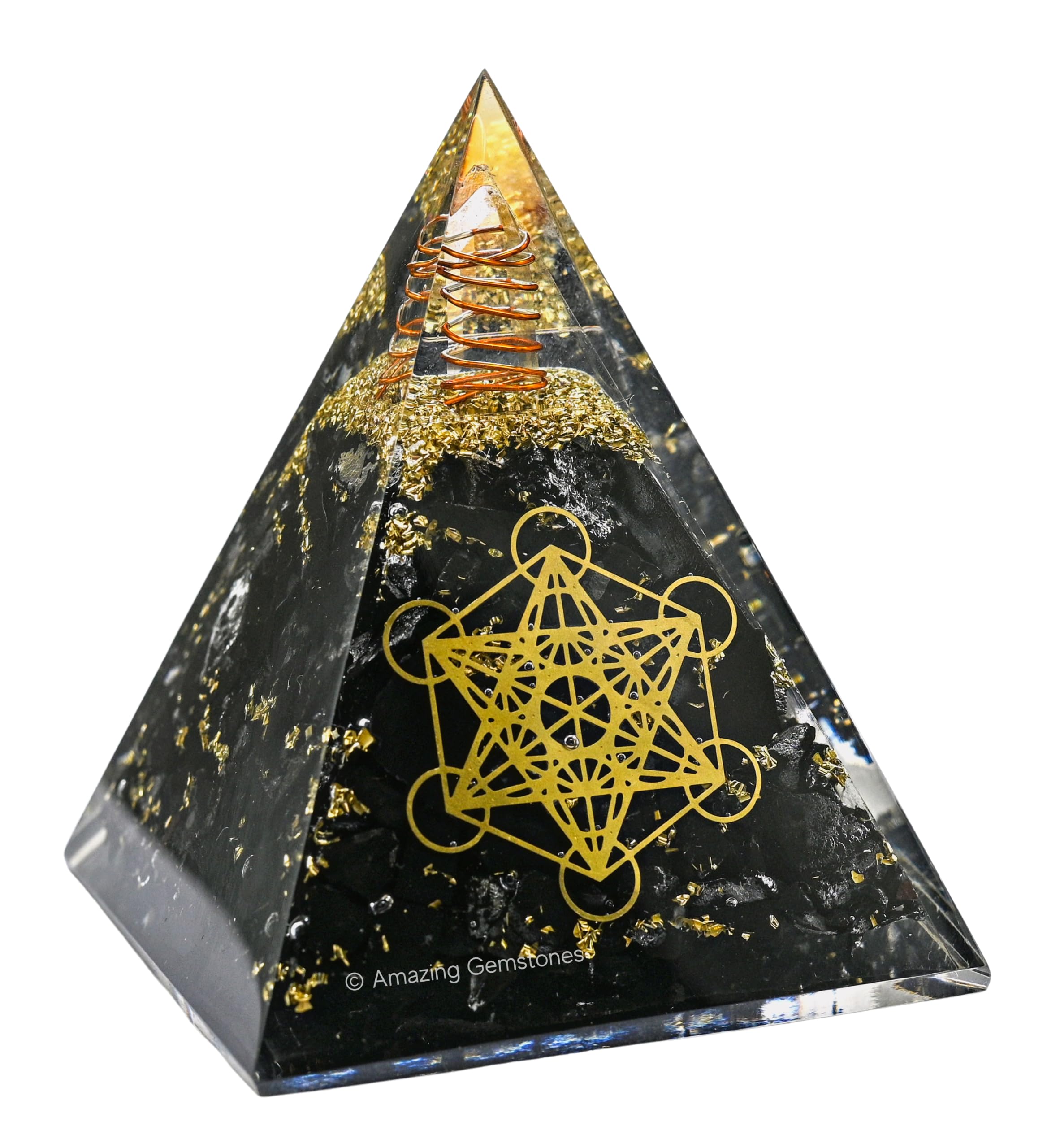 Amazing Gemstone Organite Pyramid 105mm with Metatron Cube for balanced energy.