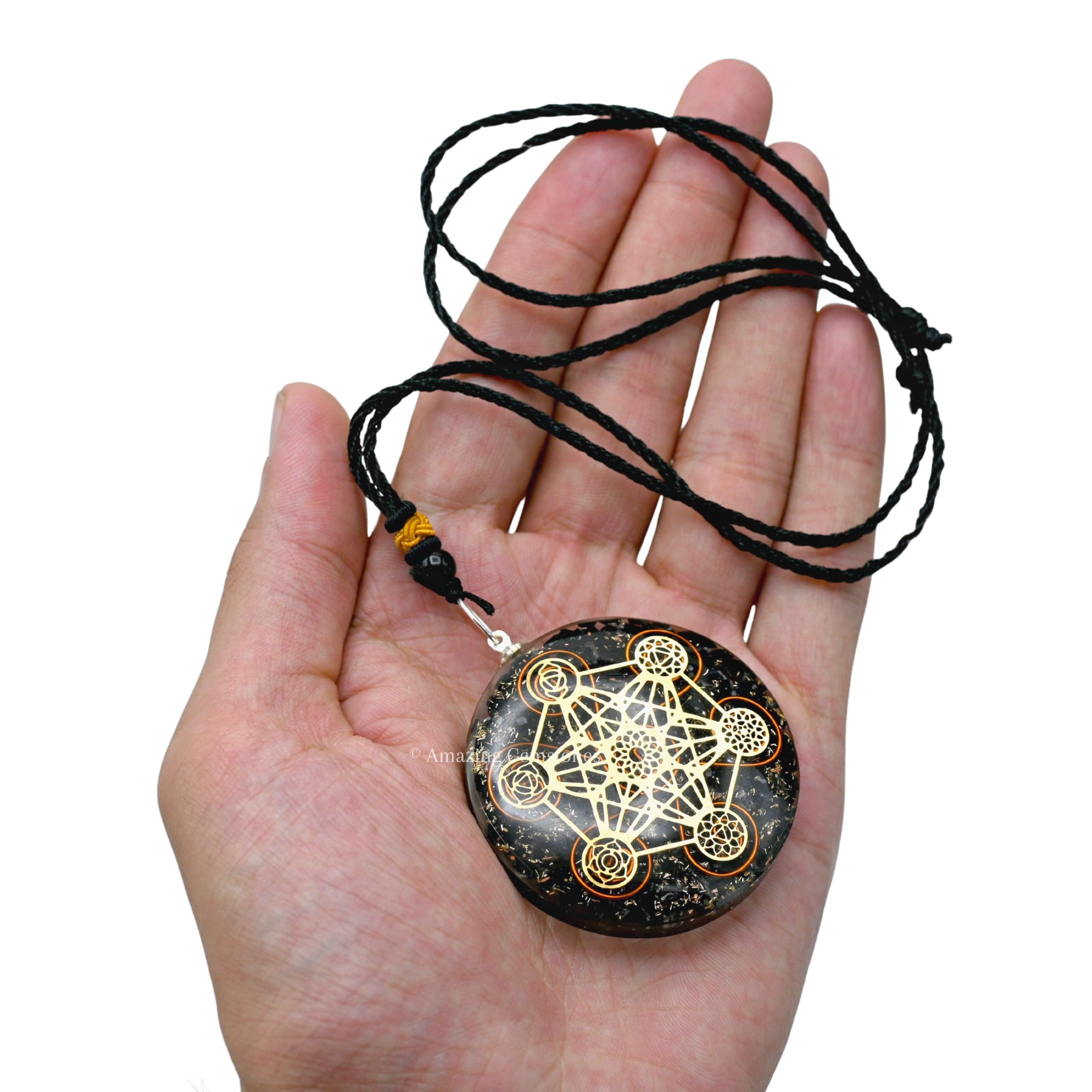 Amazing Gemstone Orgone Pendant worn on neck; adjustable cord for comfortable fit.