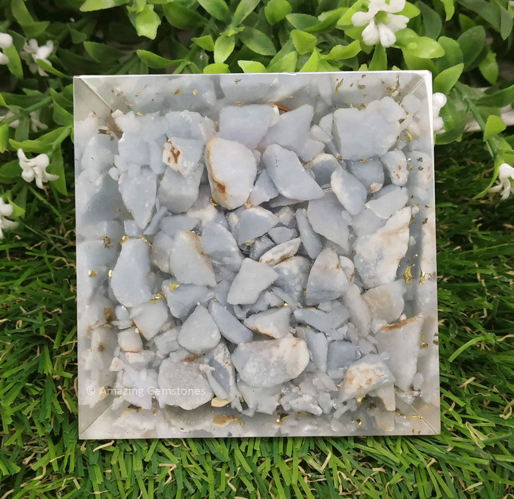 Amazing Gemstone orgone pyramid shows copper chips and healing coil detail.