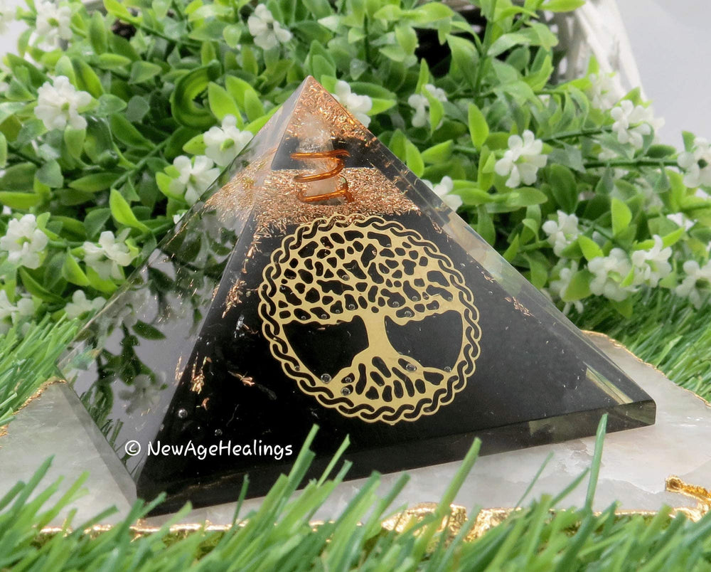 Amazing Gemstone orgone pyramid front view shows vintage Tree of Life design.