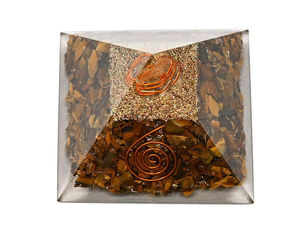 Amazing Gemstone orgone pyramid front view featuring quartz point and copper wrap