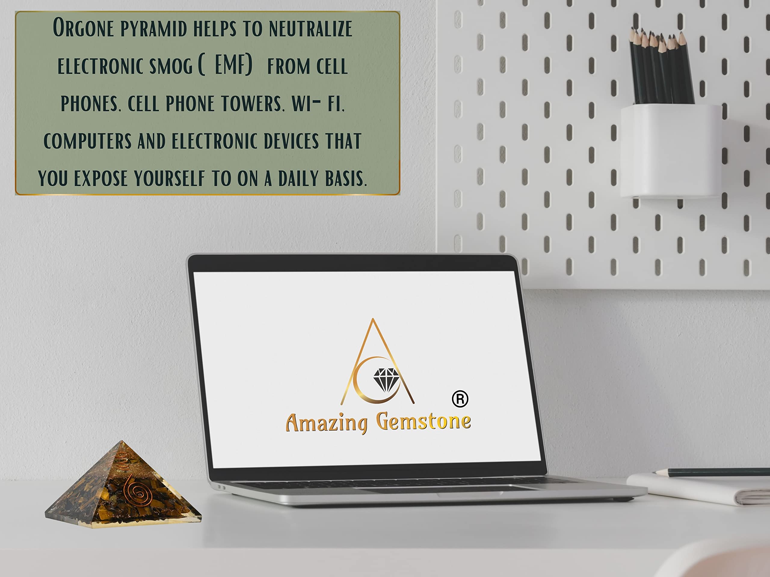 Amazing Gemstone orgone pyramid in a calm room setting promoting serenity