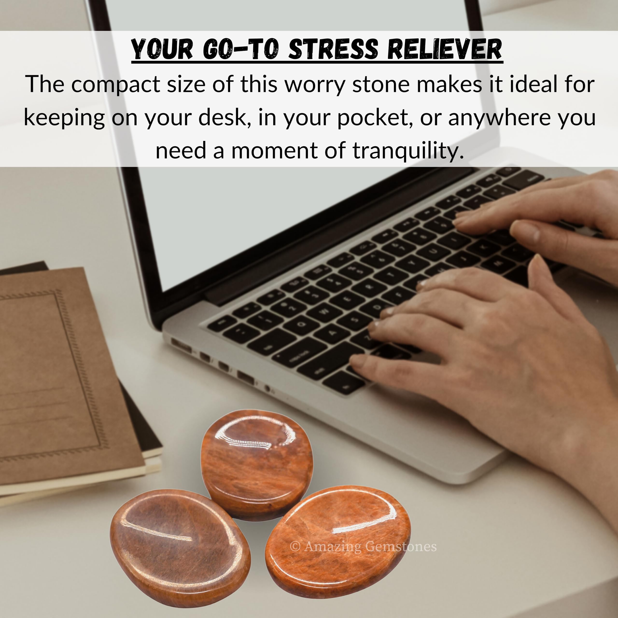Amazing Gemstone Peach Moonstone Worry Stone on a desk for calm focus