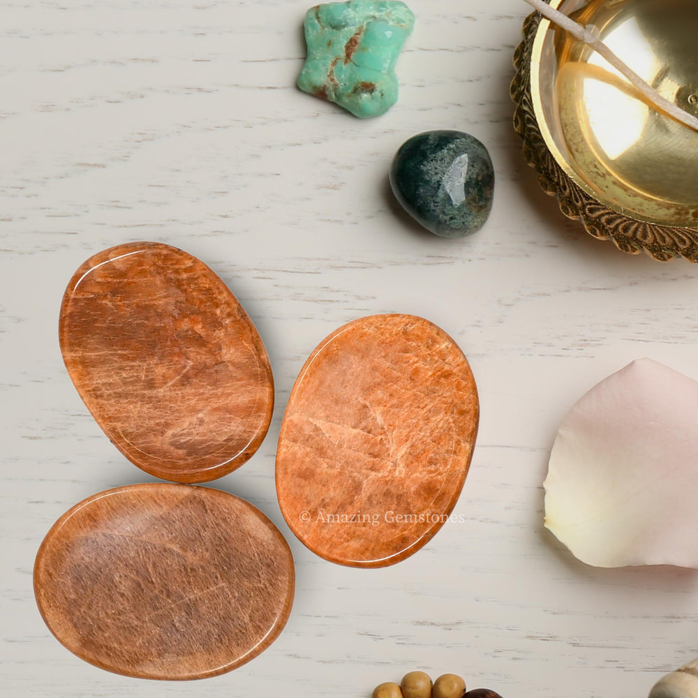 Amazing Gemstone Peach Moonstone Worry Stone in room decor promoting tranquil vibes