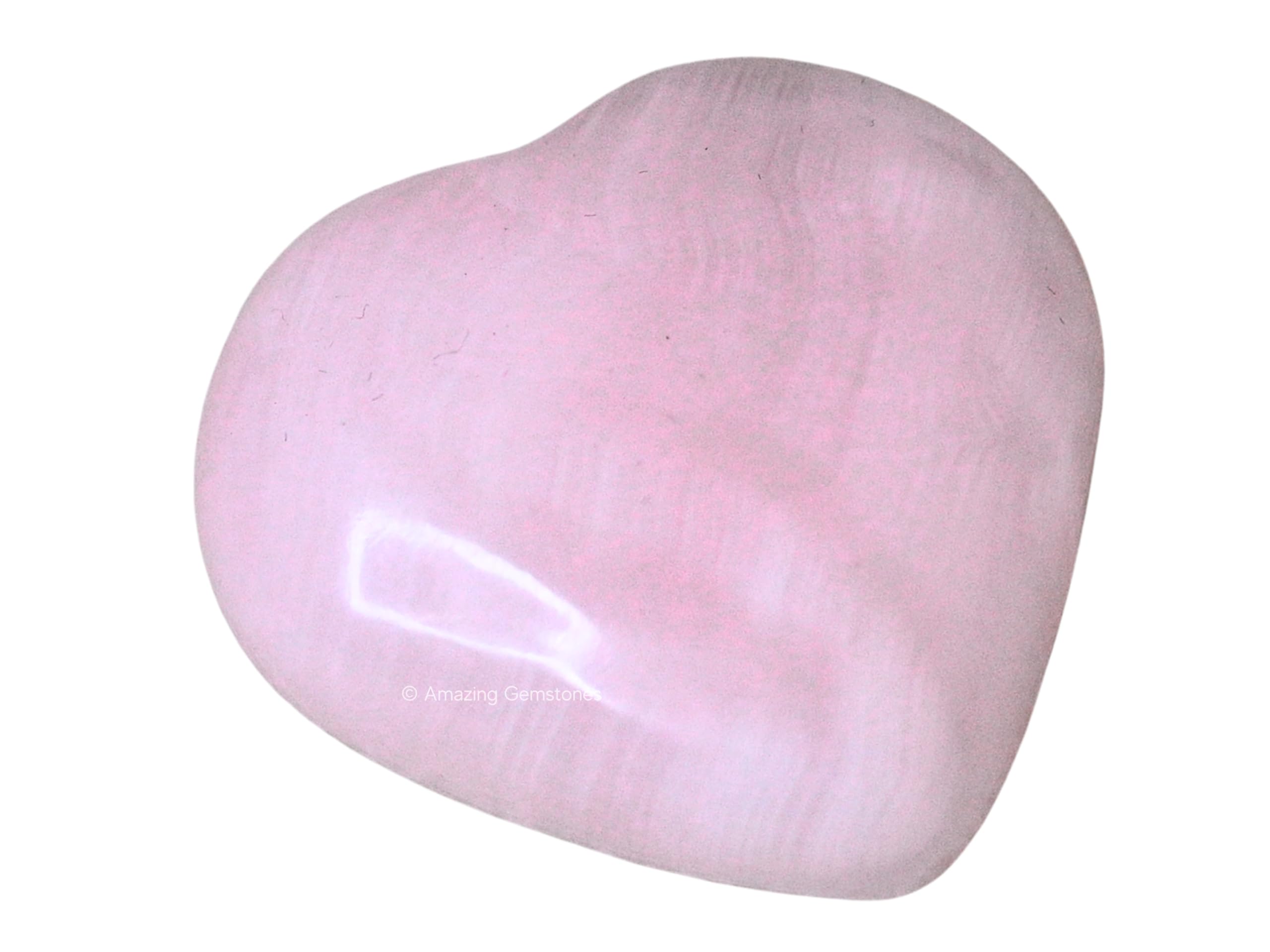 Amazing Gemstone Pink Calcite Heart Palm Stone front view for grounding practice.