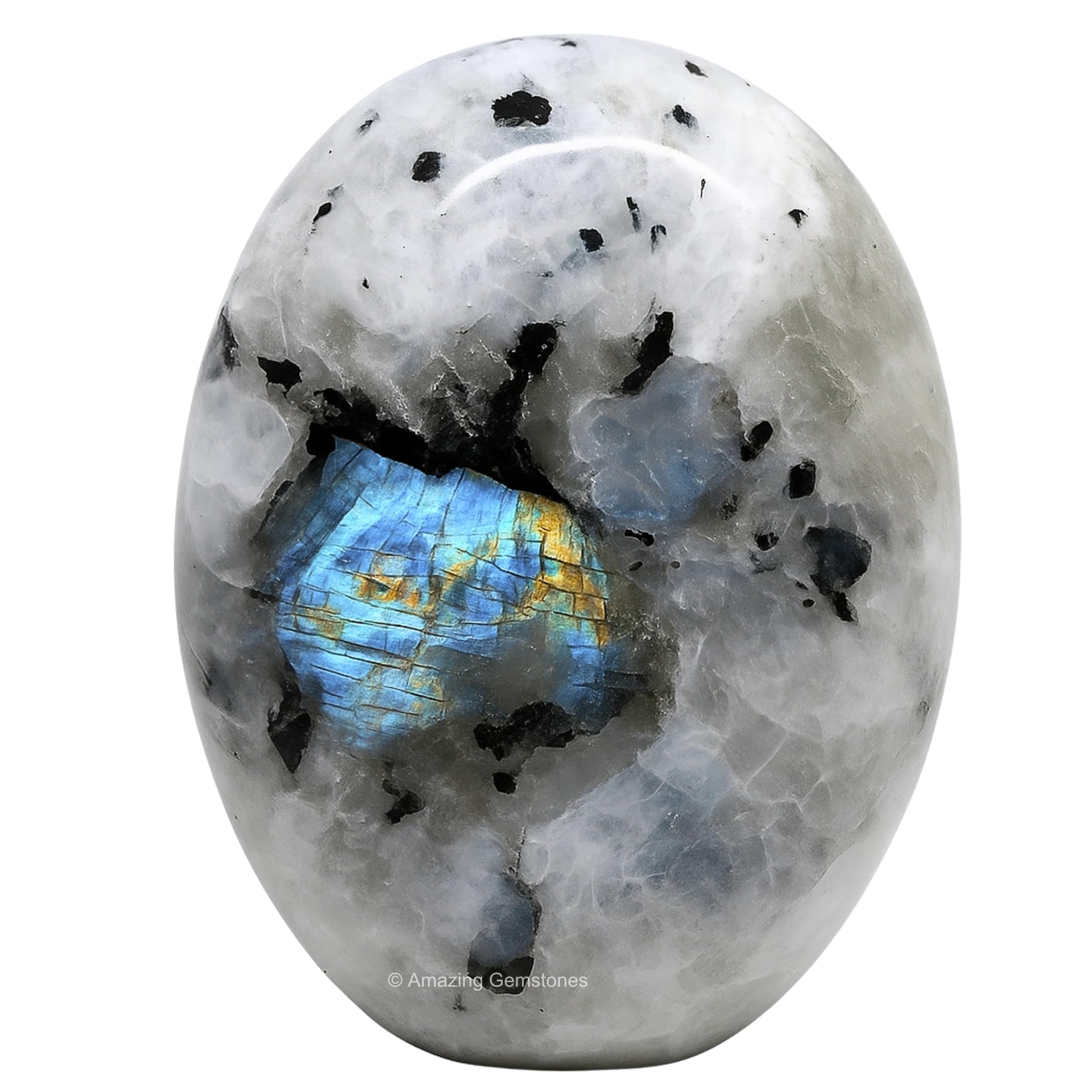 Amazing Gemstone Rainbow Moonstone Palm Stone shown for meditation and energy focus