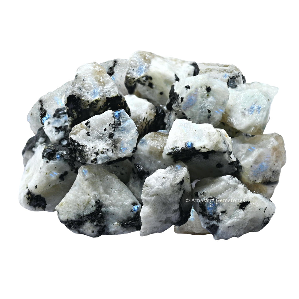 Amazing Gemstone Rainbow Moonstone raw stones closeup revealing natural texture and glow