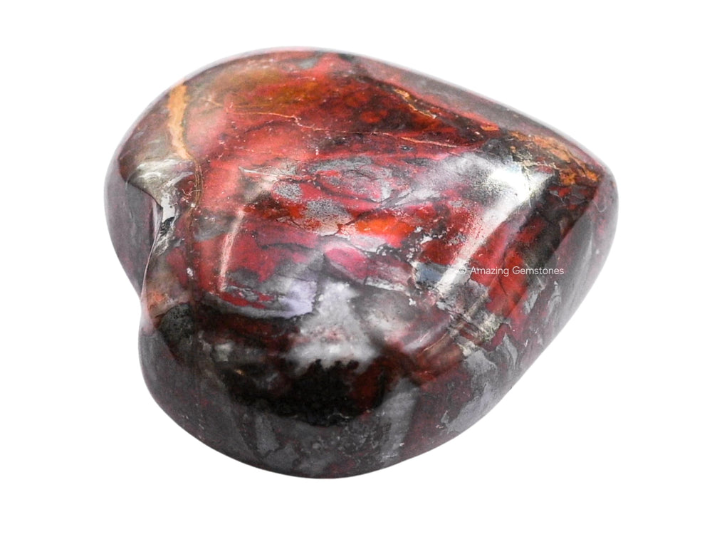 Amazing Gemstone Red Jasper Hematite Heart Palm Stone closeup showing natural polish and texture.