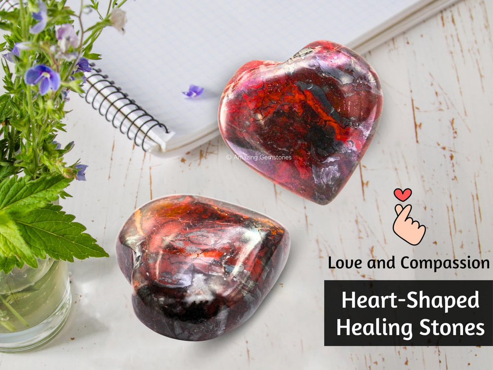 Amazing Gemstone Red Jasper Hematite Heart Palm Stone ideal for crystal grids.