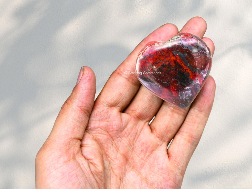 Amazing Gemstone Red Jasper Hematite Heart Palm Stone for relaxation and meditation practice.
