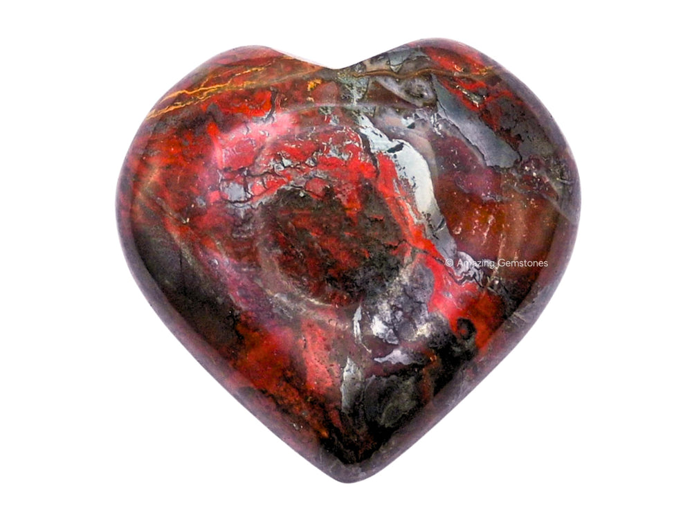 Amazing Gemstone Red Jasper Hematite Heart Palm Stone side angle for targeted body massage.