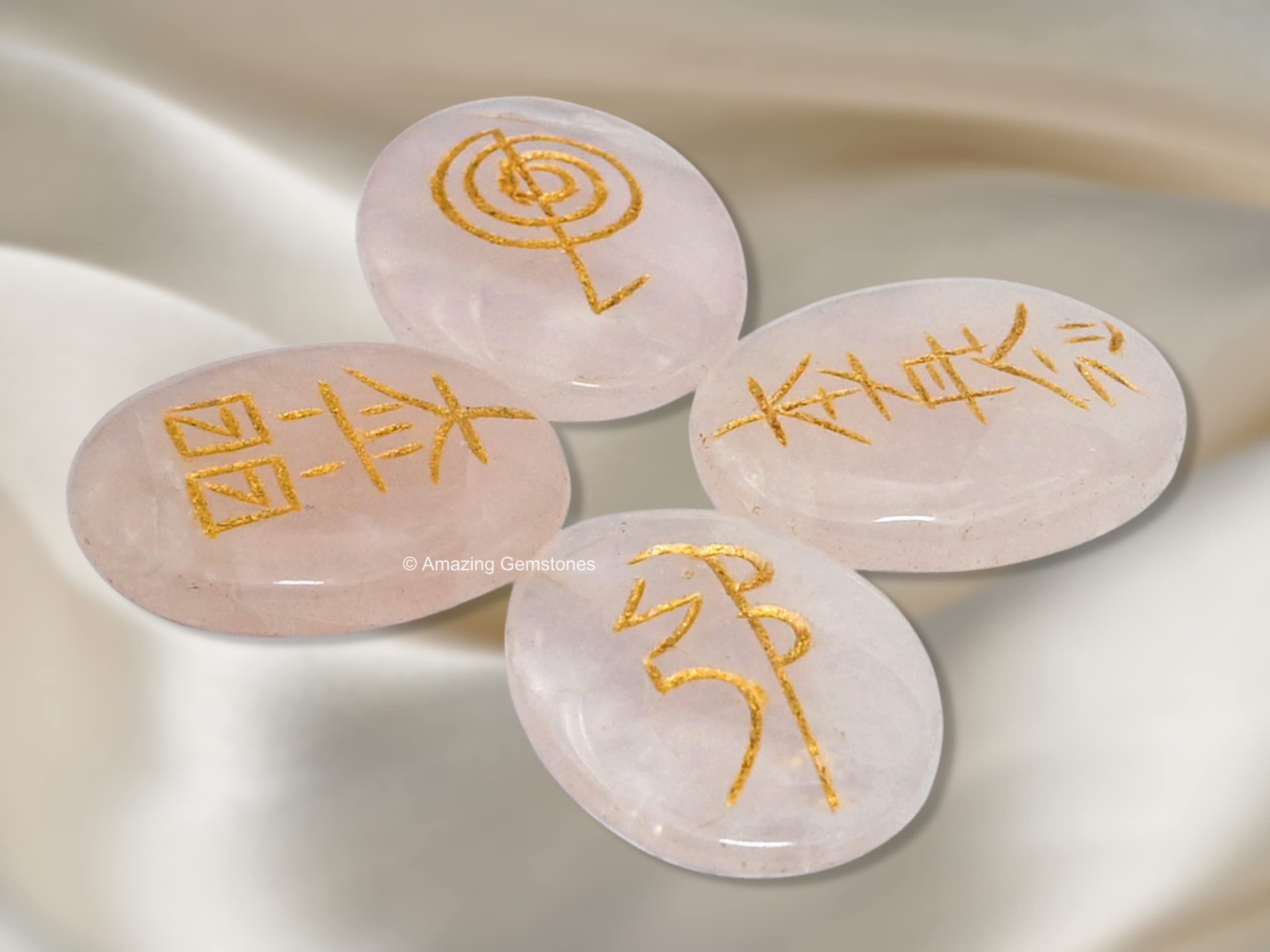 Amazing Gemstone Rose Quartz Reiki stones with Choku Rei engraving for focus.