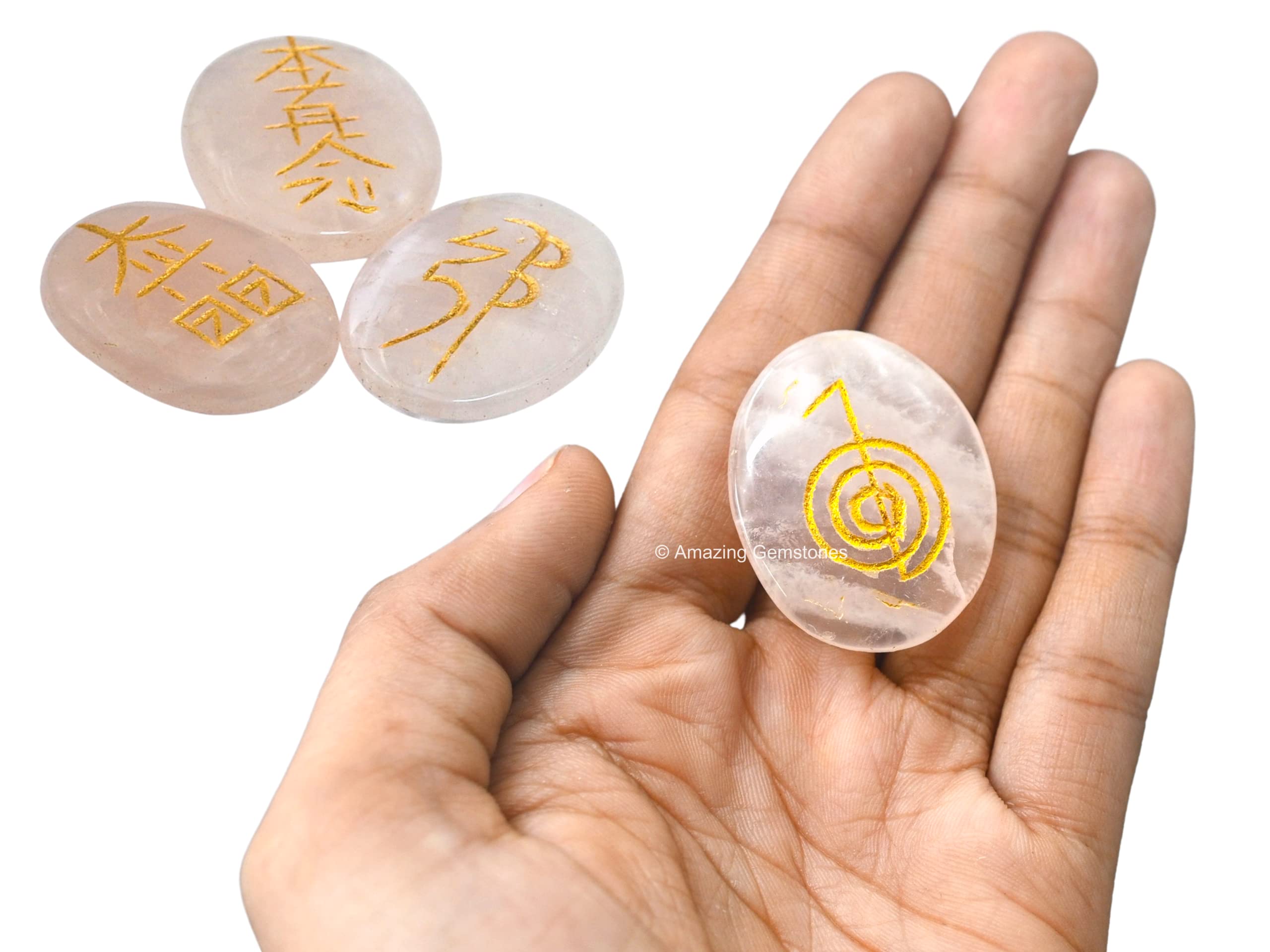 Amazing Gemstone Rose Quartz Reiki stones with Hon Sha Ze Sho Nen engraving for distance focus.