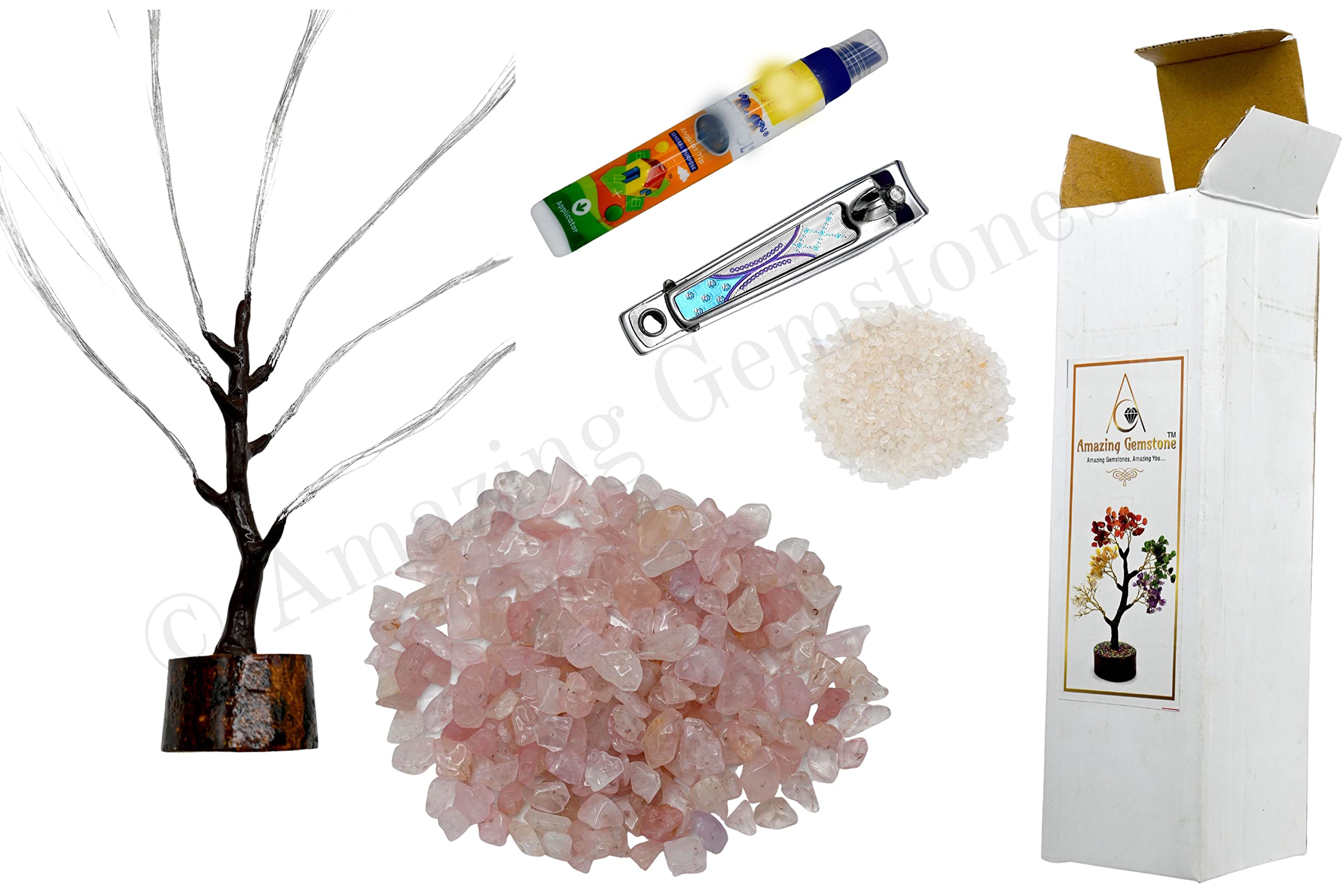 Amazing Gemstone Rose Quartz Tree base on a wooden stand for desk decor.