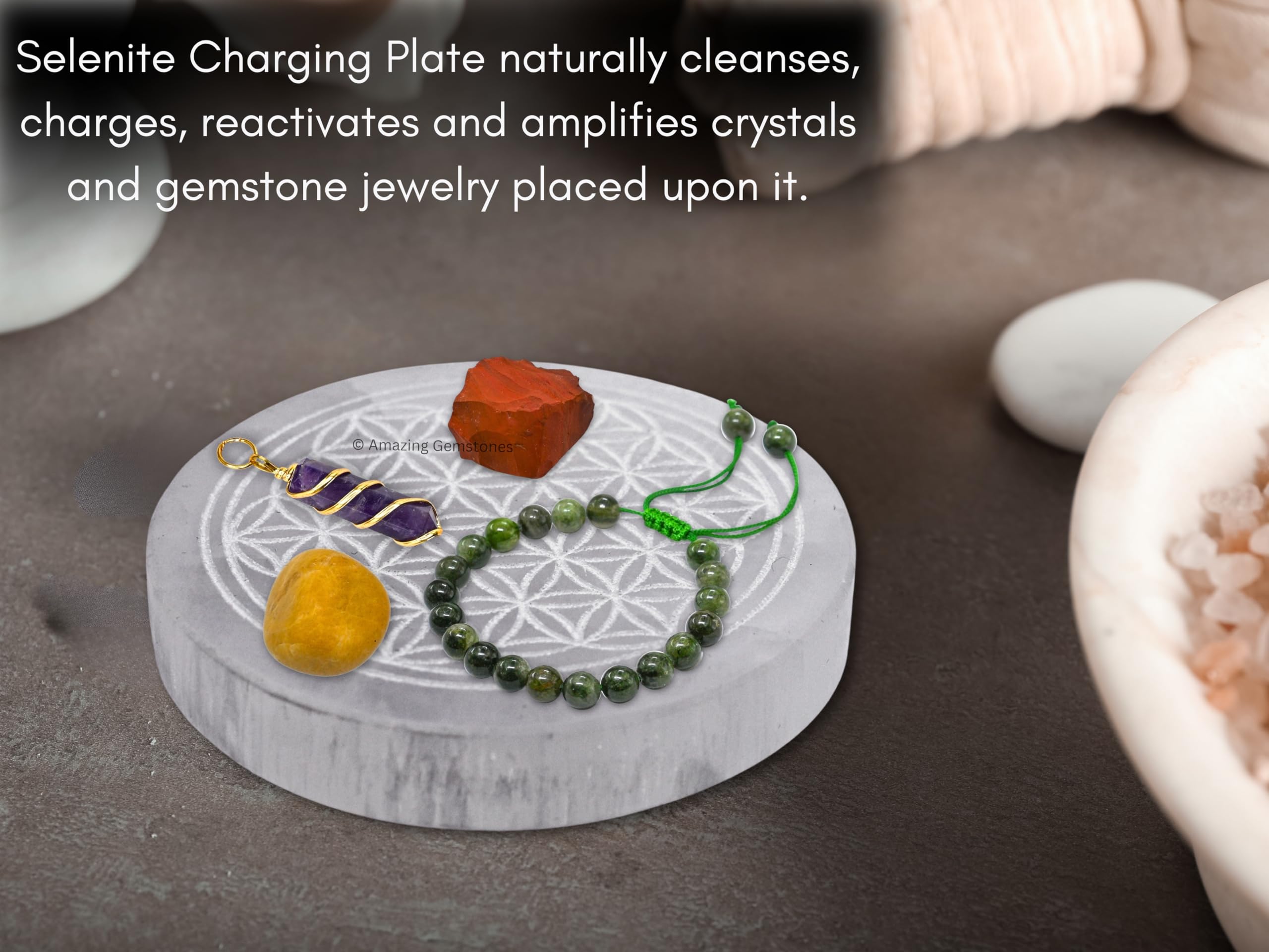 Amazing Gemstone flower-of-life engraving highlights beauty while cleansing crystals gently