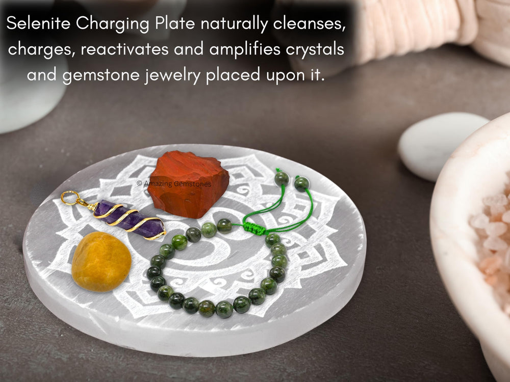 Amazing Gemstone selenite plate chakra-meditation aid enhances focus.