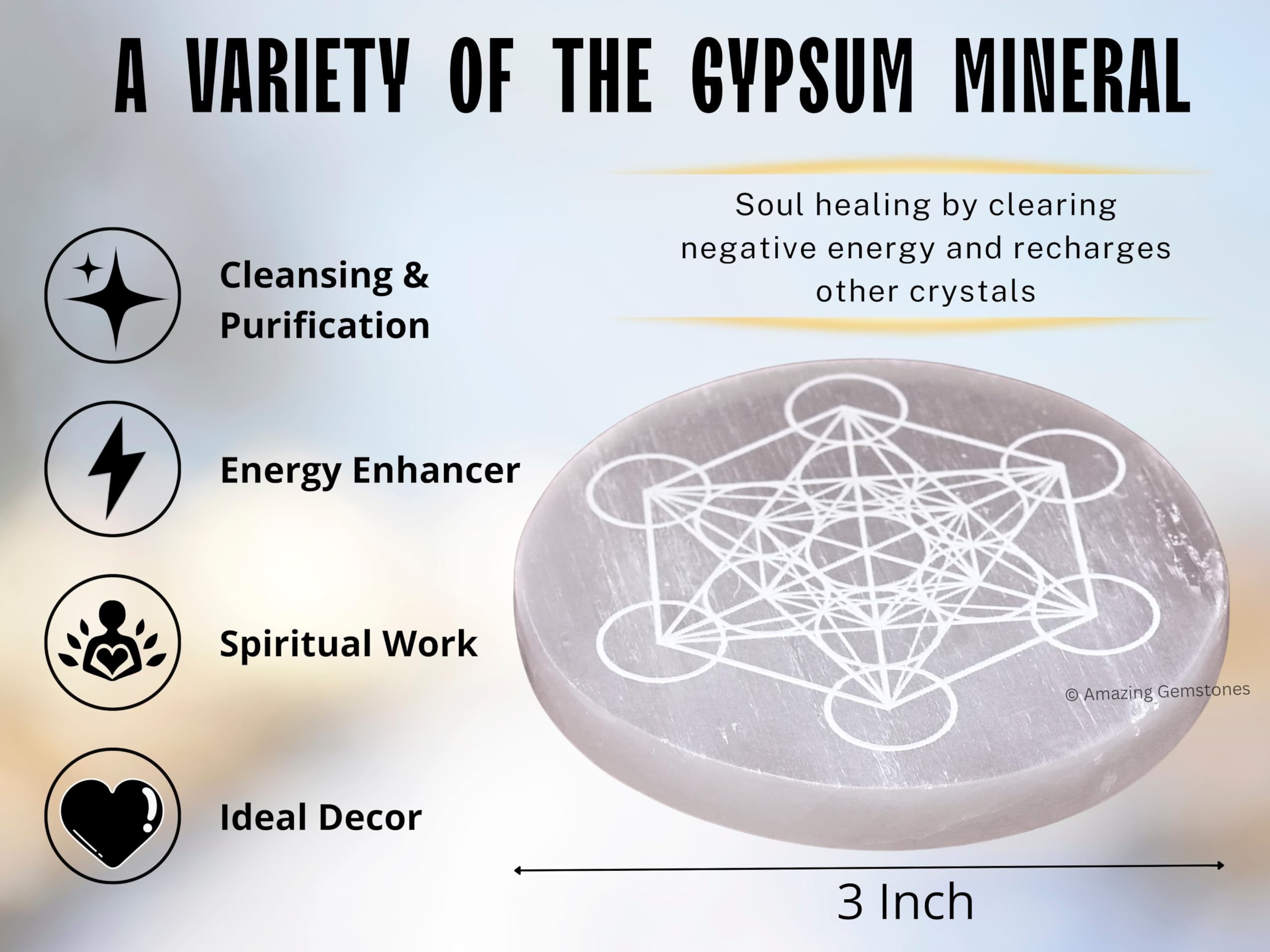 Amazing Gemstone Selenite Plate with crystals, a practical charging station for jewelry and stones.