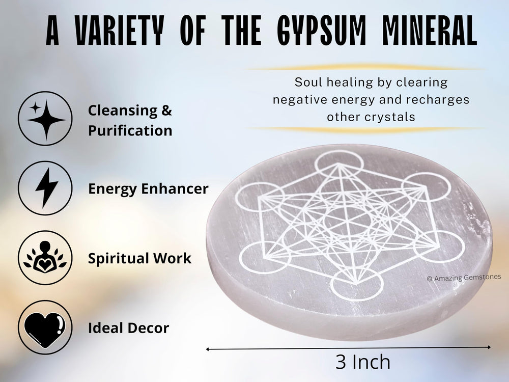 Amazing Gemstone Selenite Plate with crystals, a practical charging station for jewelry and stones.