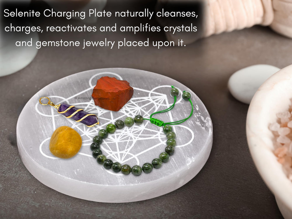 Amazing Gemstone Selenite Plate resting on a desk, enhancing home or office ambiance.